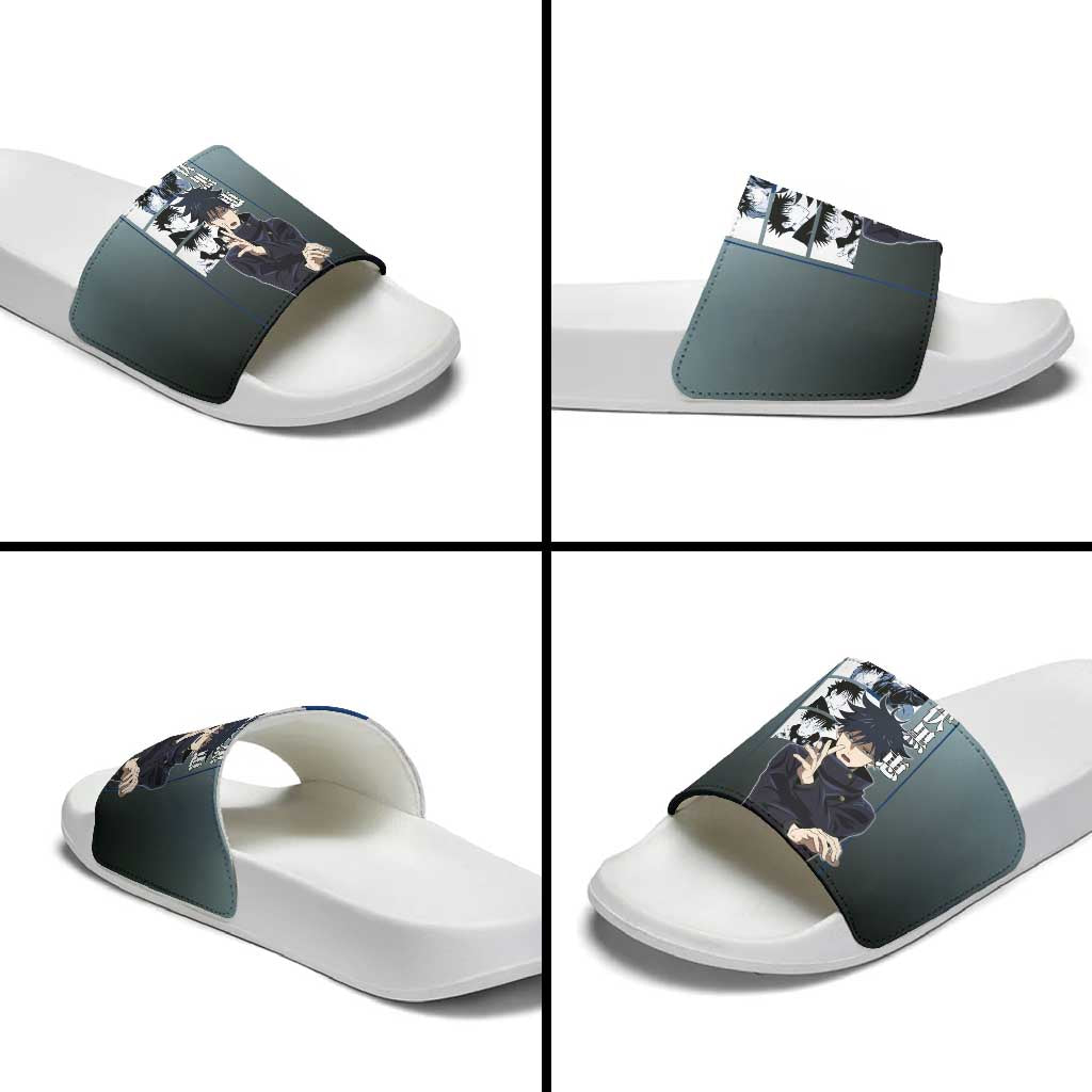 Megumi Fushiguro from Jujutsu Kaisen Slide Sandals with Dark Blue and Black Background and Multiple Poses Design - The Mazicc