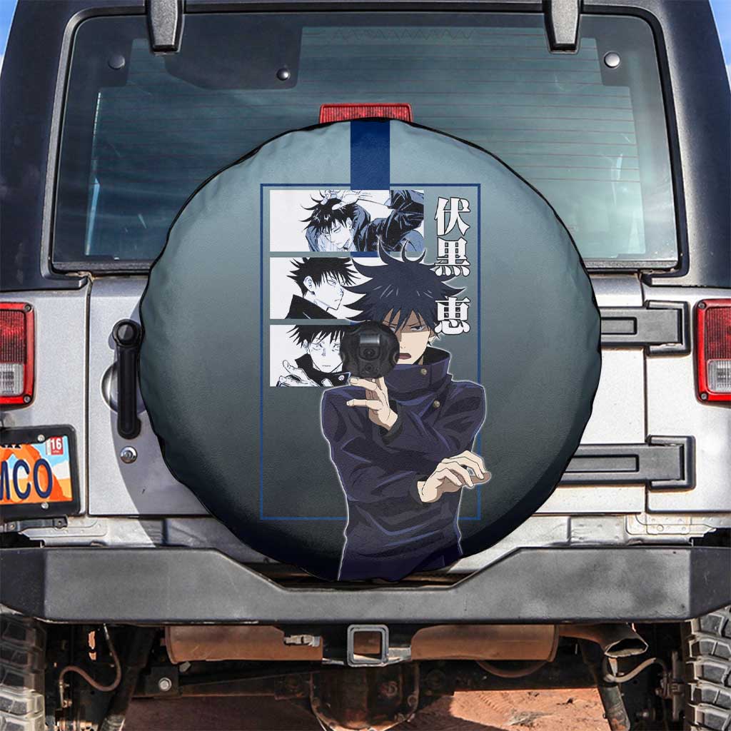 Megumi Fushiguro from Jujutsu Kaisen Spare Tire Cover with Dark Blue and Black Background and Multiple Poses Design - The Mazicc
