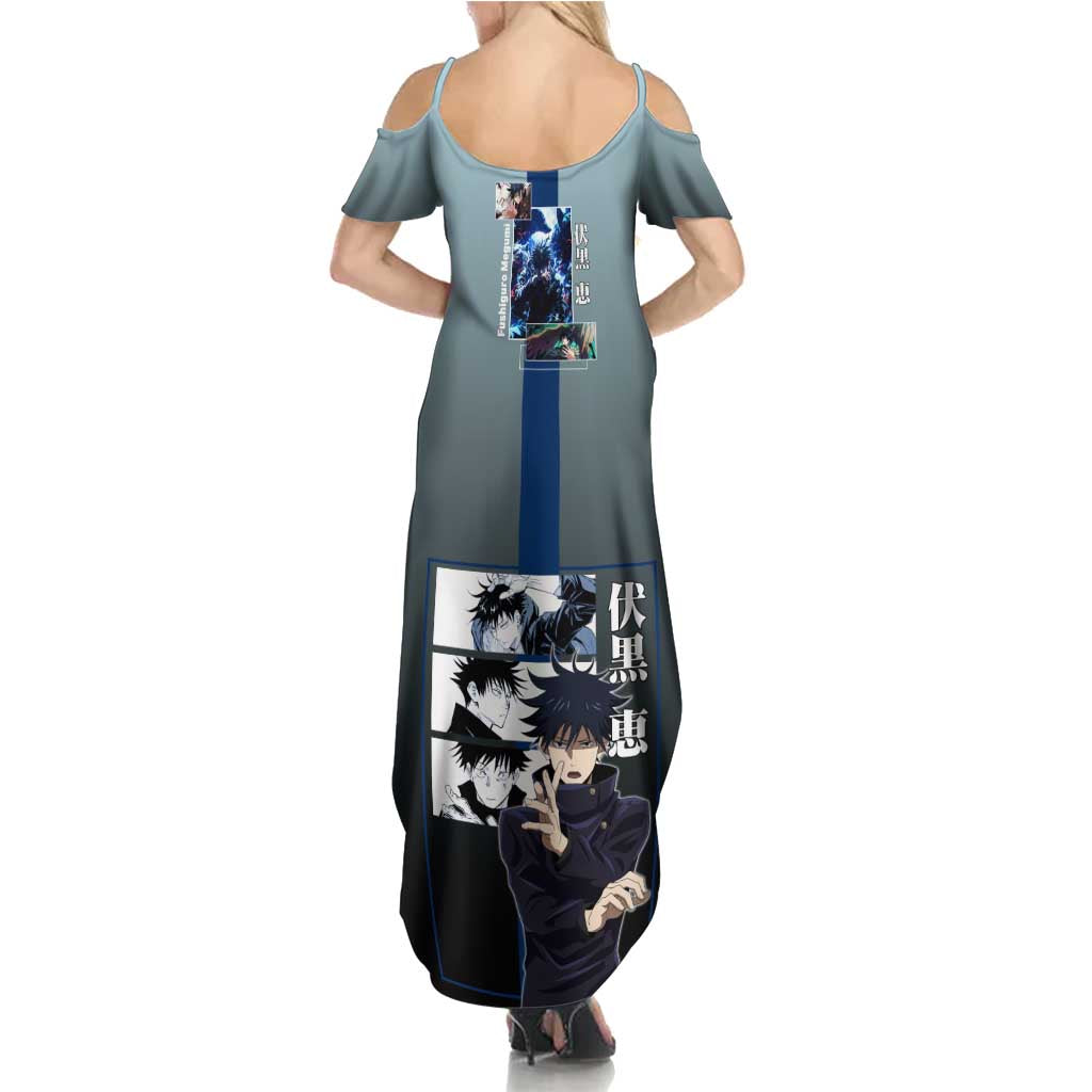 Megumi Fushiguro from Jujutsu Kaisen Summer Maxi Dress with Dark Blue and Black Background and Multiple Poses Design - The Mazicc
