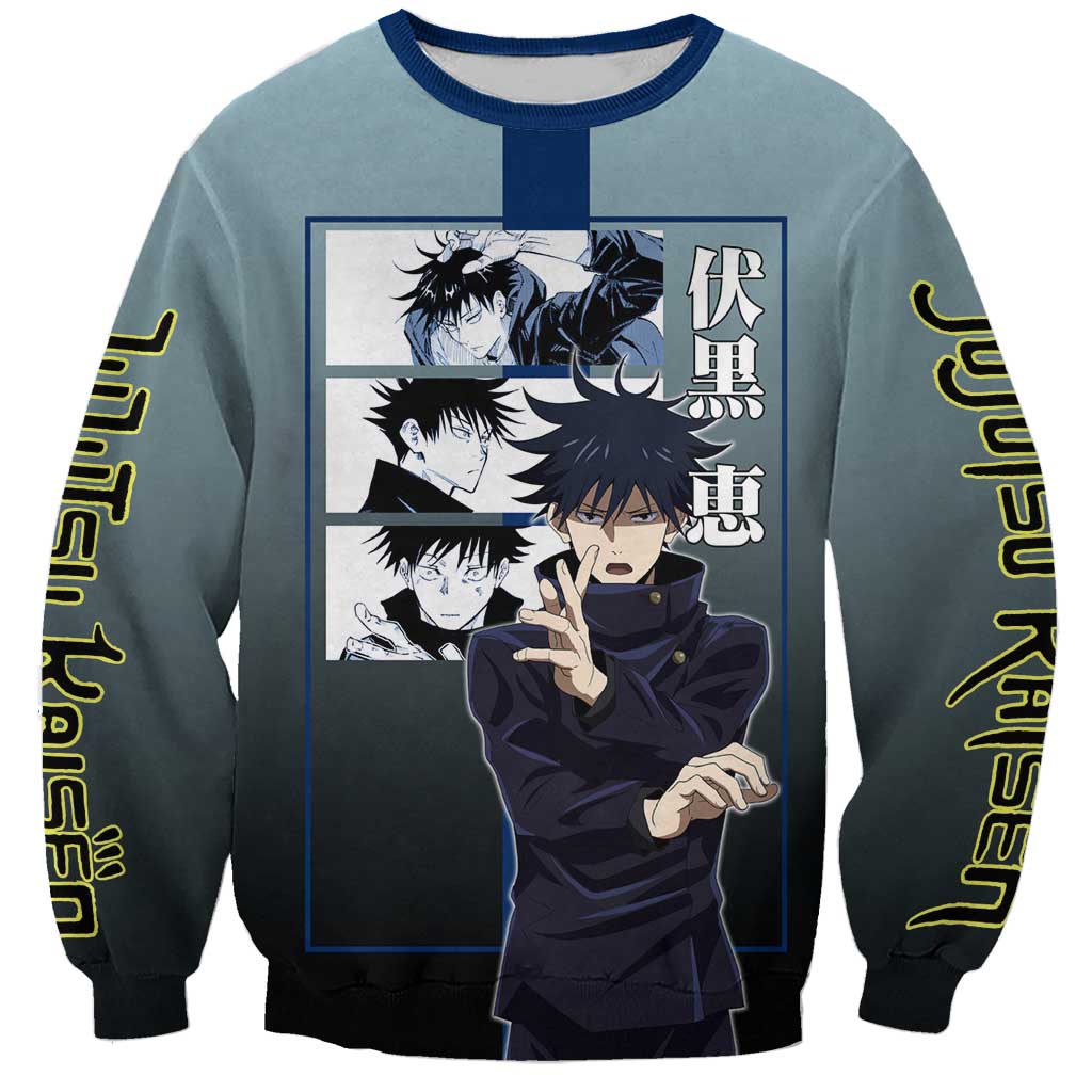 Megumi Fushiguro from Jujutsu Kaisen Sweatshirt with Dark Blue and Black Background and Multiple Poses Design - The Mazicc
