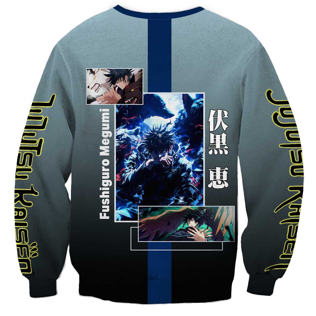 Megumi Fushiguro from Jujutsu Kaisen Sweatshirt with Dark Blue and Black Background and Multiple Poses Design - The Mazicc