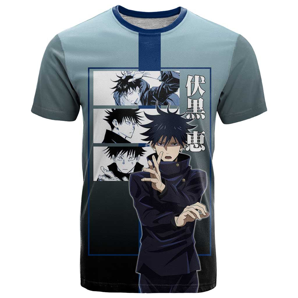 Megumi Fushiguro from Jujutsu Kaisen T Shirt with Dark Blue and Black Background and Multiple Poses Design - The Mazicc