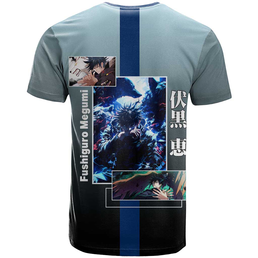 Megumi Fushiguro from Jujutsu Kaisen T Shirt with Dark Blue and Black Background and Multiple Poses Design - The Mazicc