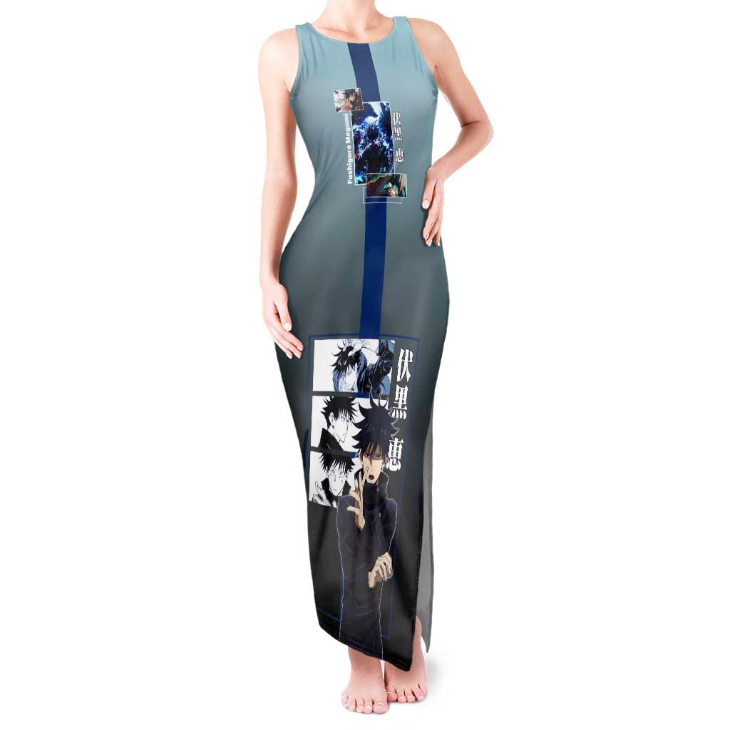 Megumi Fushiguro from Jujutsu Kaisen Tank Maxi Dress with Dark Blue and Black Background and Multiple Poses Design - The Mazicc