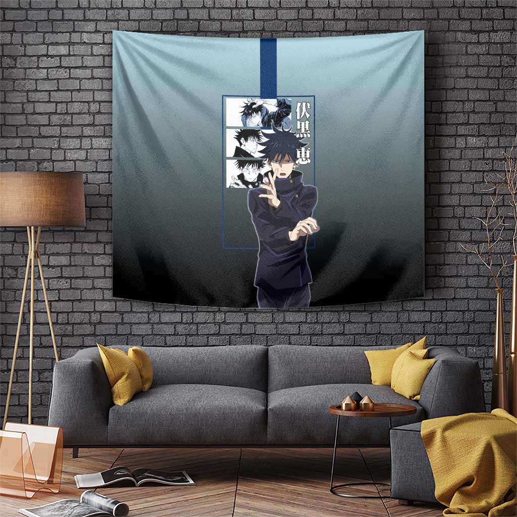 Megumi Fushiguro from Jujutsu Kaisen Tapestry with Dark Blue and Black Background and Multiple Poses Design - The Mazicc
