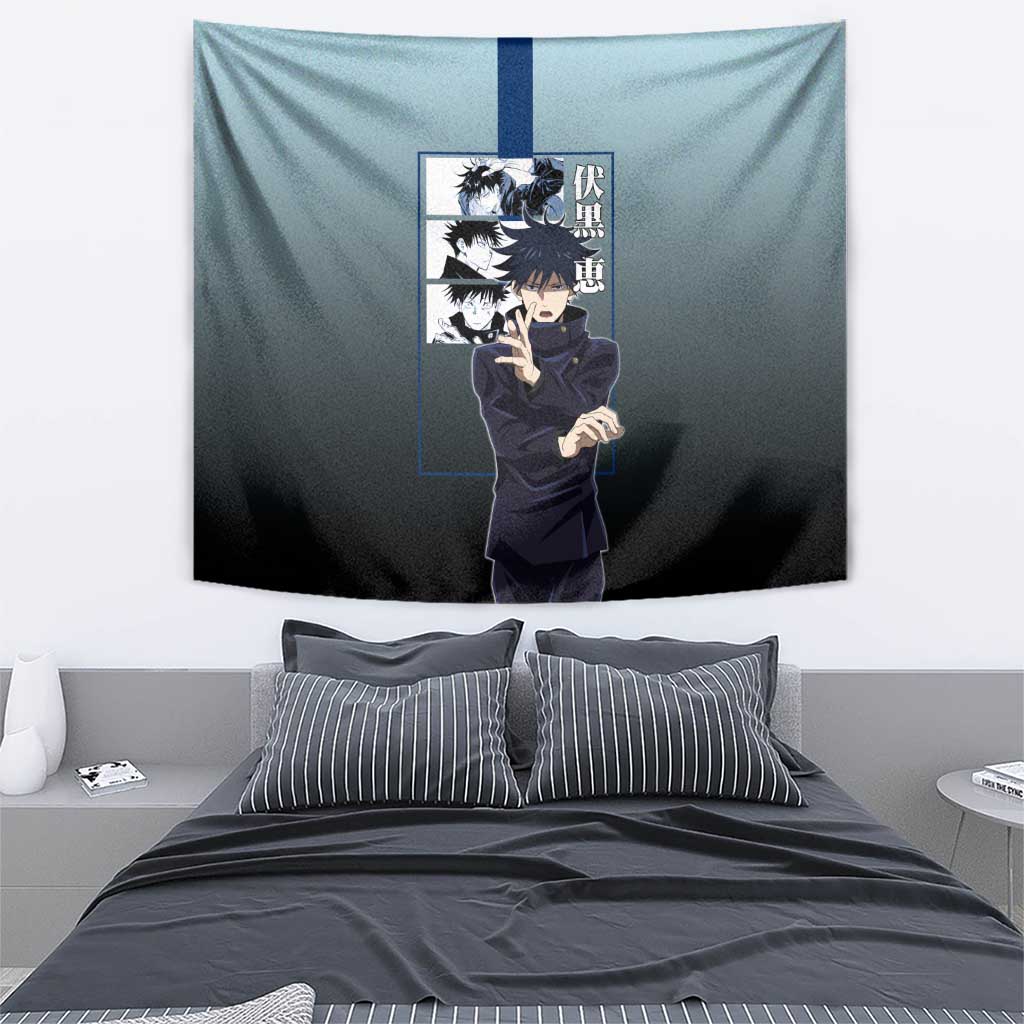 Megumi Fushiguro from Jujutsu Kaisen Tapestry with Dark Blue and Black Background and Multiple Poses Design - The Mazicc