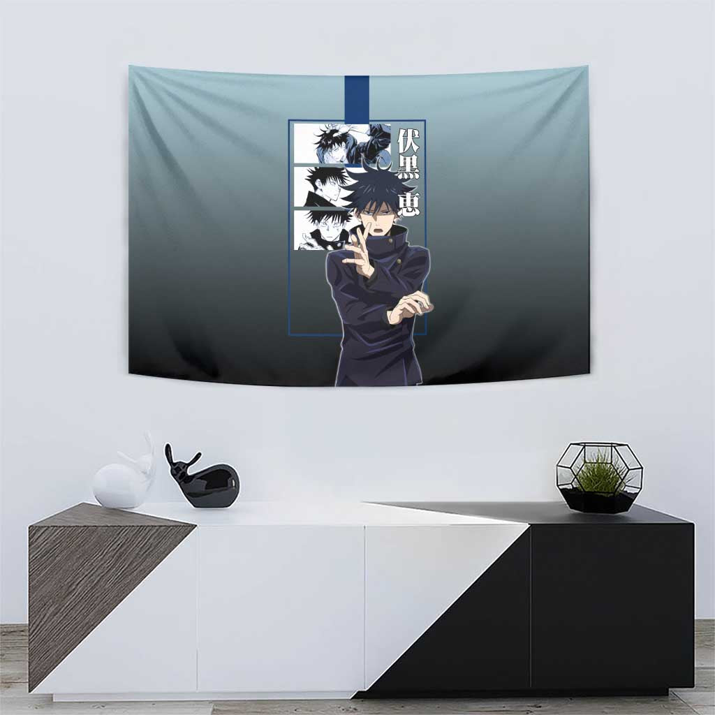 Megumi Fushiguro from Jujutsu Kaisen Tapestry with Dark Blue and Black Background and Multiple Poses Design - The Mazicc