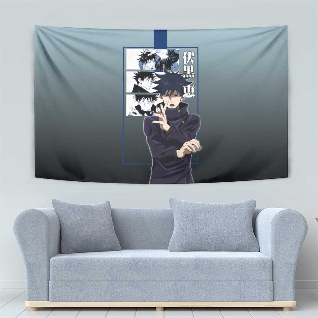 Megumi Fushiguro from Jujutsu Kaisen Tapestry with Dark Blue and Black Background and Multiple Poses Design - The Mazicc