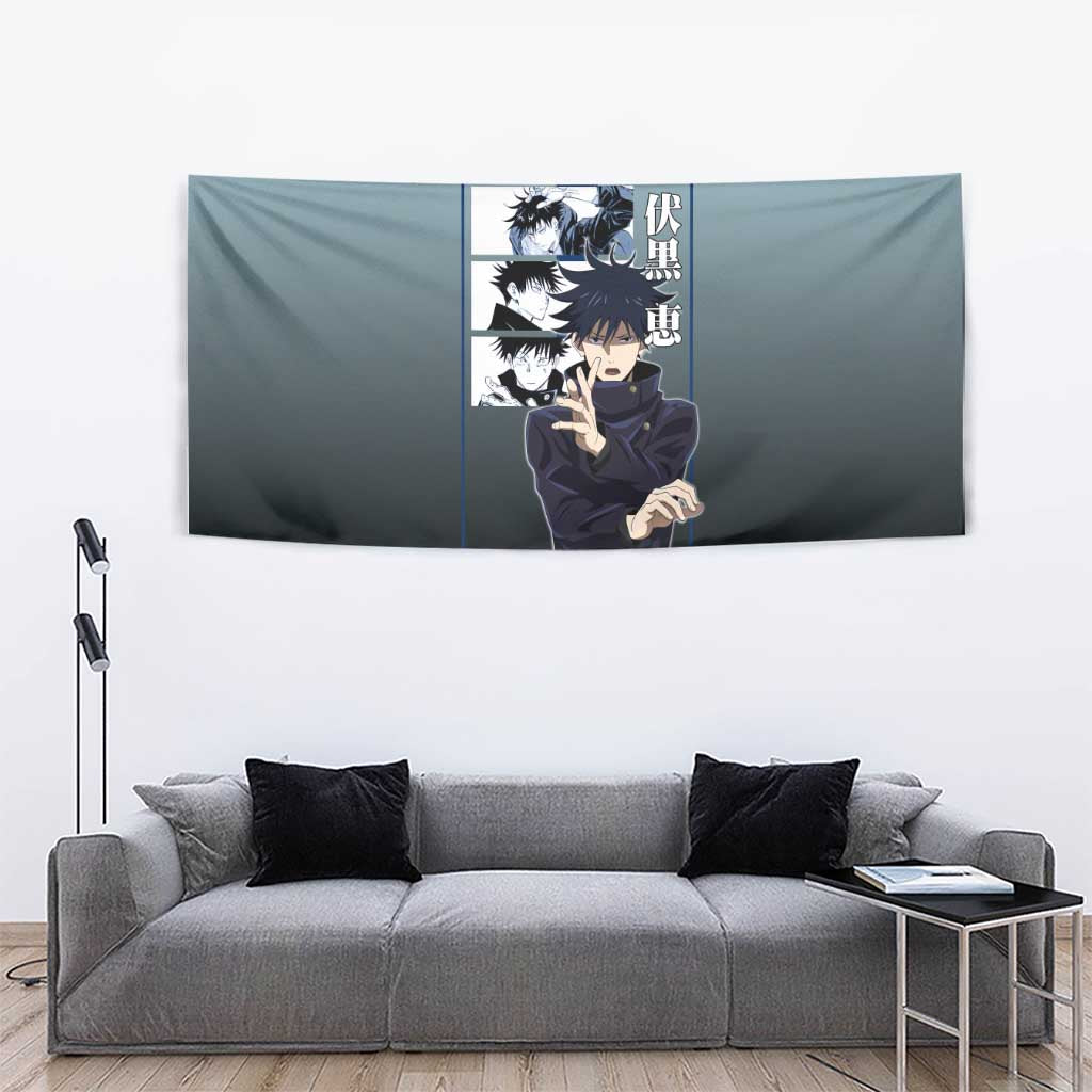Megumi Fushiguro from Jujutsu Kaisen Tapestry with Dark Blue and Black Background and Multiple Poses Design - The Mazicc
