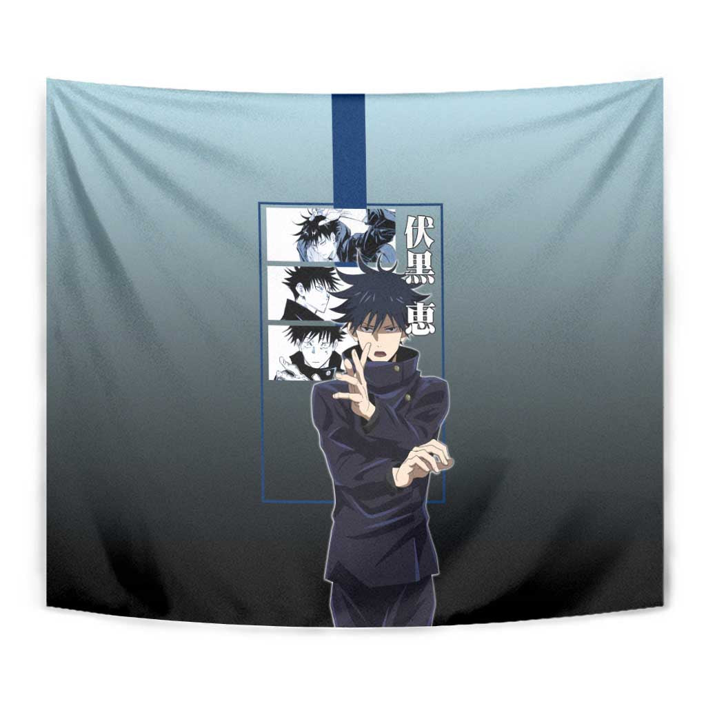 Megumi Fushiguro from Jujutsu Kaisen Tapestry with Dark Blue and Black Background and Multiple Poses Design - The Mazicc