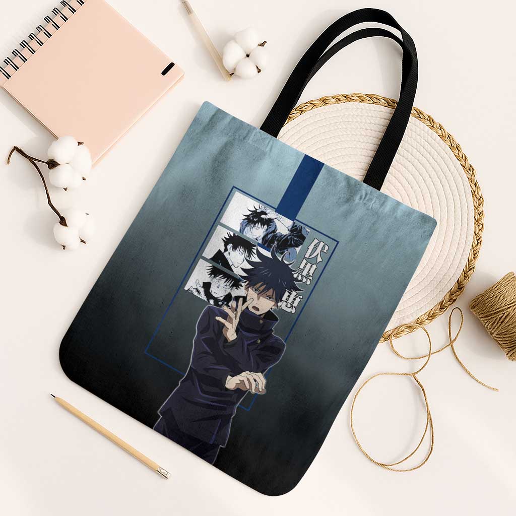 Megumi Fushiguro from Jujutsu Kaisen Tote Bag with Dark Blue and Black Background and Multiple Poses Design - The Mazicc
