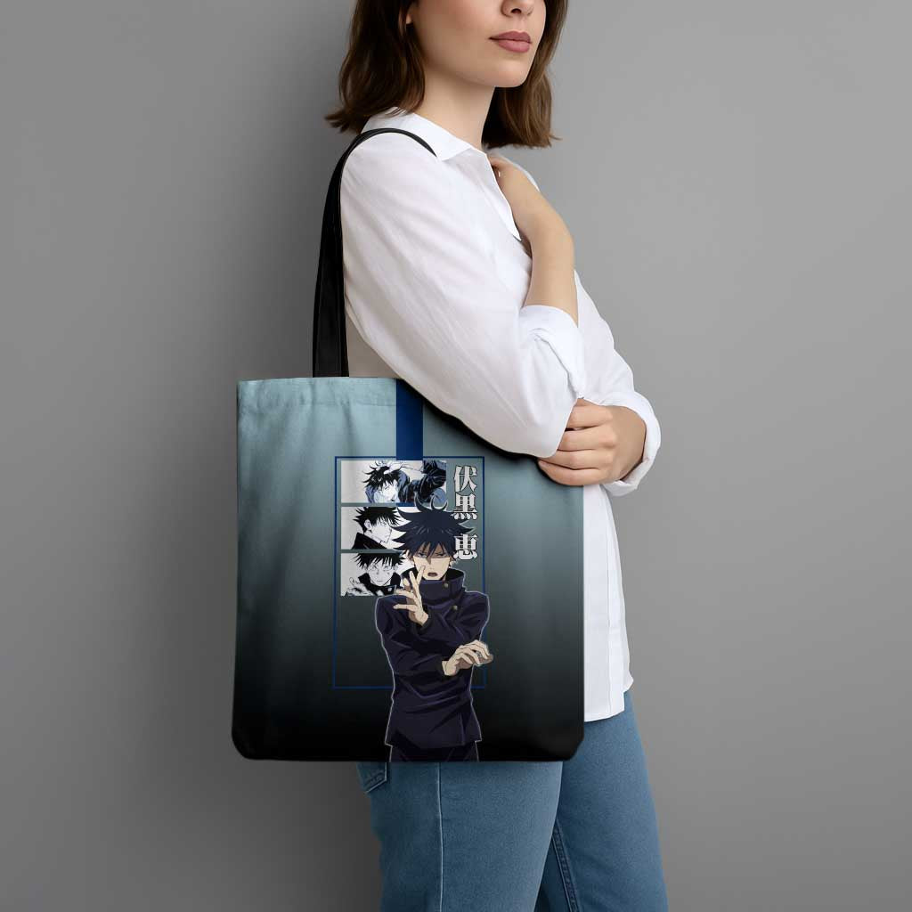 Megumi Fushiguro from Jujutsu Kaisen Tote Bag with Dark Blue and Black Background and Multiple Poses Design - The Mazicc