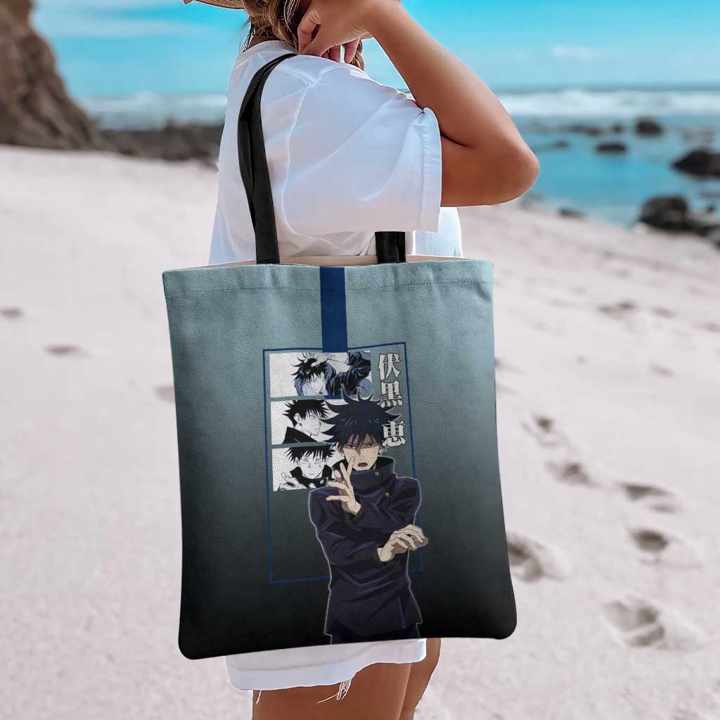 Megumi Fushiguro from Jujutsu Kaisen Tote Bag with Dark Blue and Black Background and Multiple Poses Design - The Mazicc