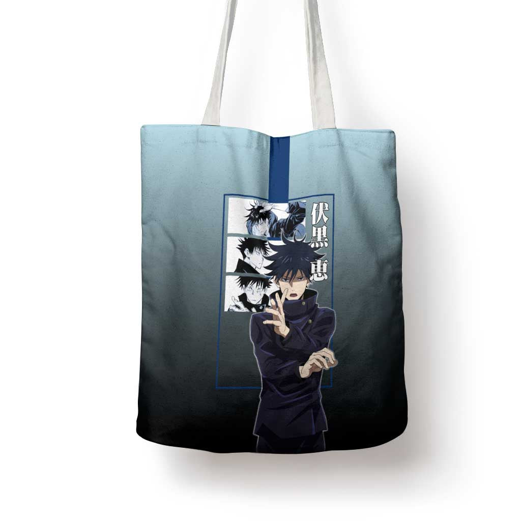 Megumi Fushiguro from Jujutsu Kaisen Tote Bag with Dark Blue and Black Background and Multiple Poses Design - The Mazicc