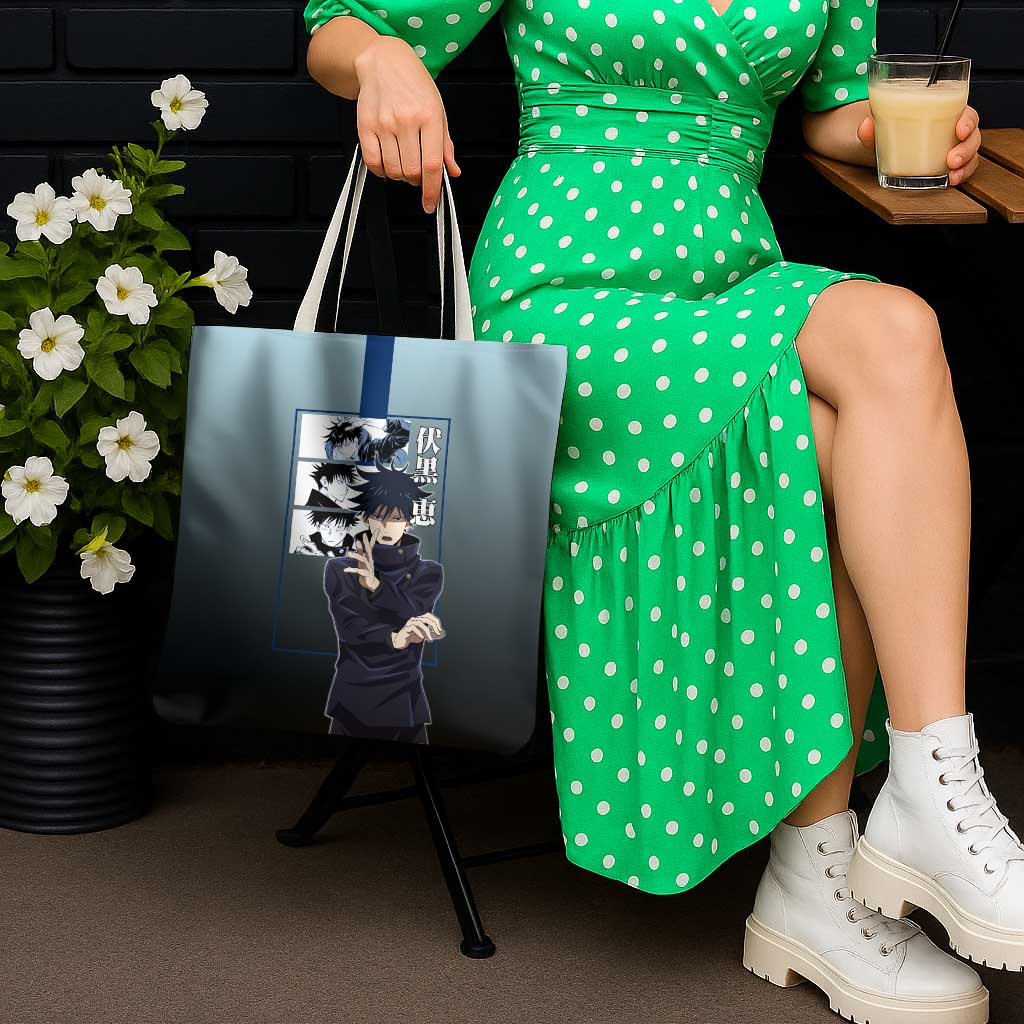 Megumi Fushiguro from Jujutsu Kaisen Tote Bag with Dark Blue and Black Background and Multiple Poses Design - The Mazicc