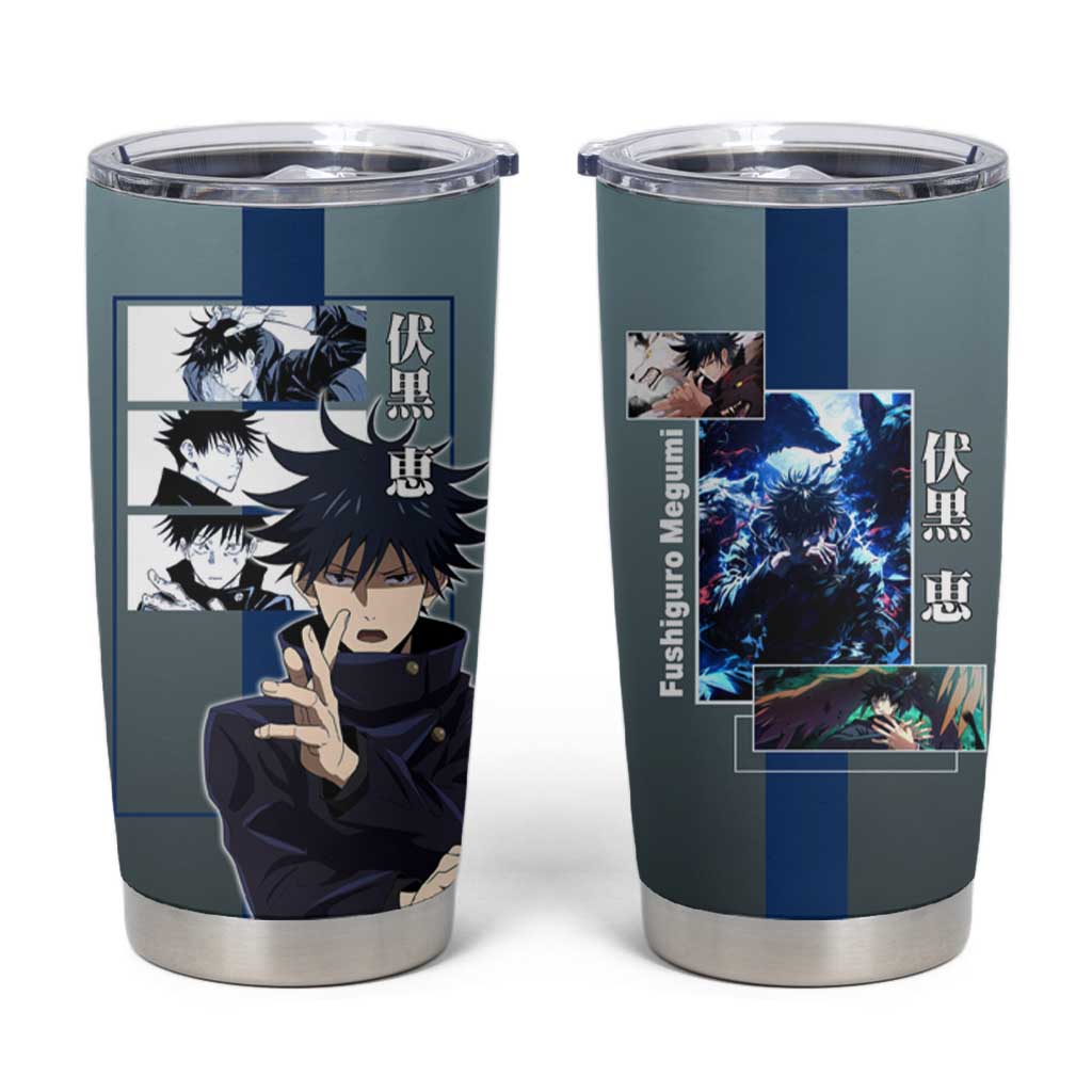Megumi Fushiguro from Jujutsu Kaisen Tumbler Cup with Dark Blue and Black Background and Multiple Poses Design - The Mazicc