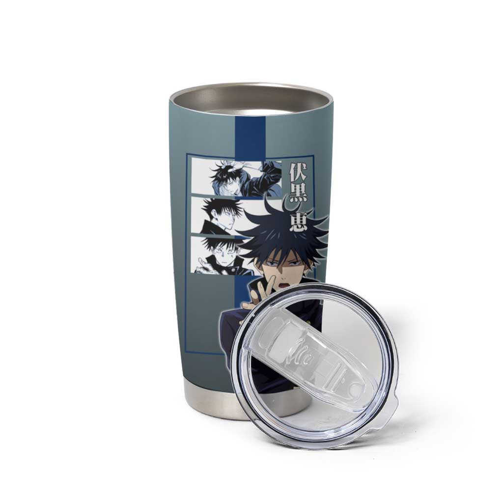 Megumi Fushiguro from Jujutsu Kaisen Tumbler Cup with Dark Blue and Black Background and Multiple Poses Design - The Mazicc