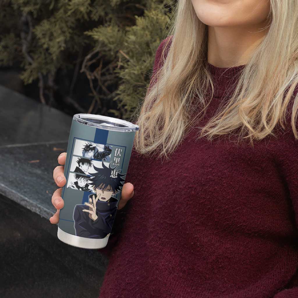 Megumi Fushiguro from Jujutsu Kaisen Tumbler Cup with Dark Blue and Black Background and Multiple Poses Design - The Mazicc