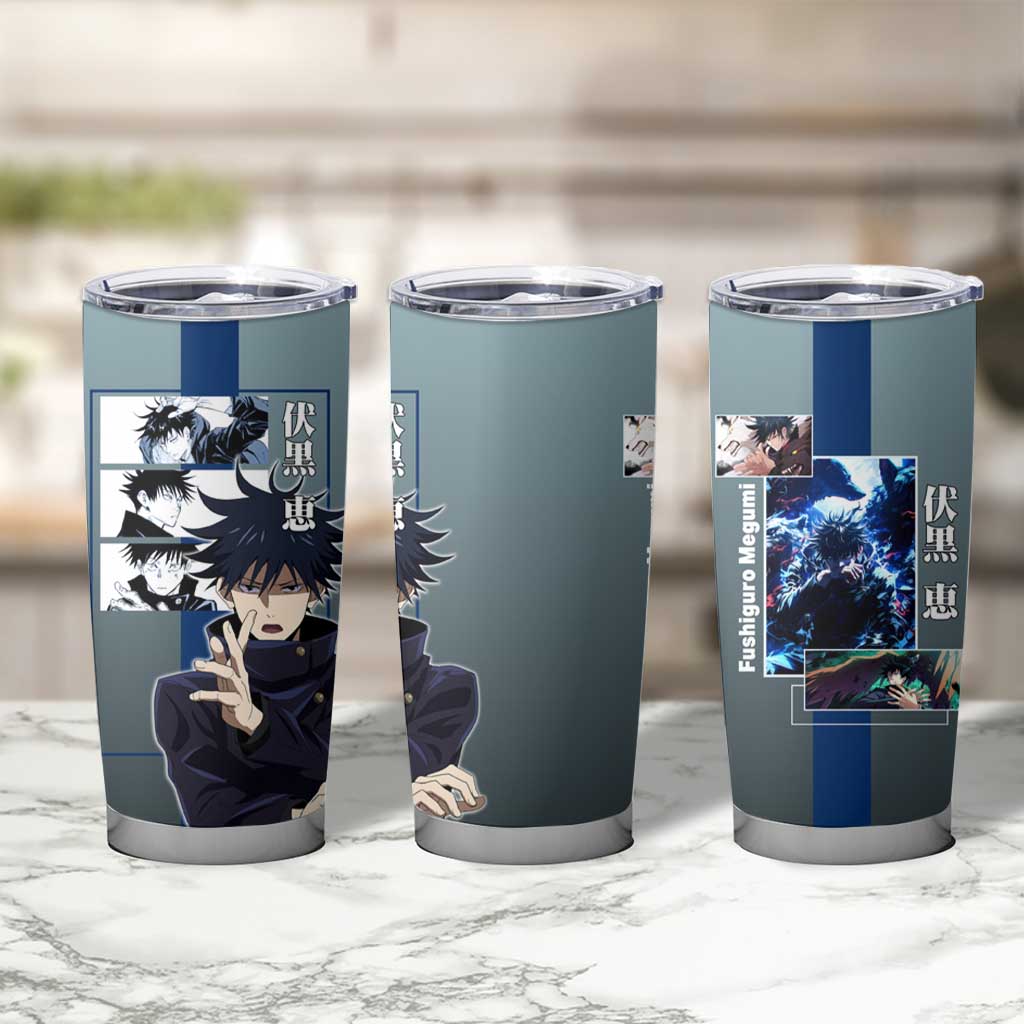 Megumi Fushiguro from Jujutsu Kaisen Tumbler Cup with Dark Blue and Black Background and Multiple Poses Design - The Mazicc