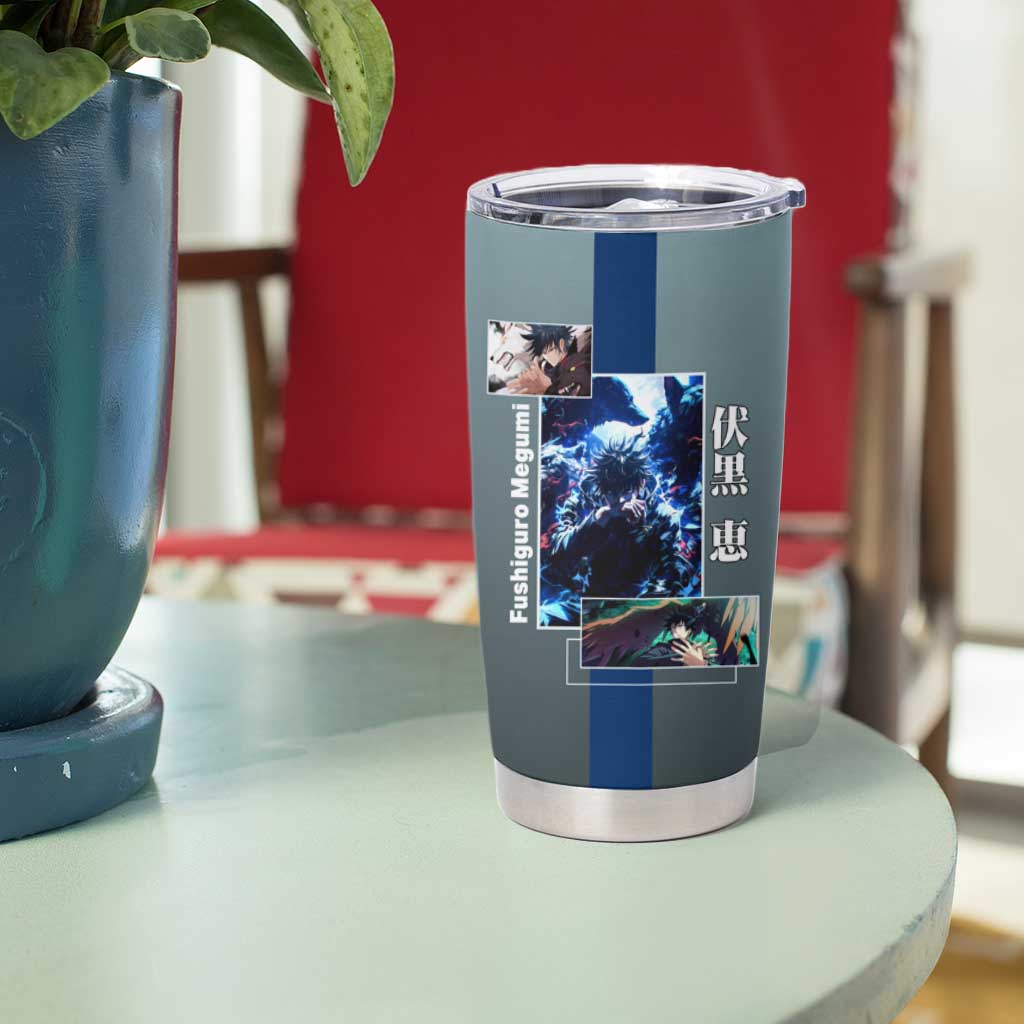 Megumi Fushiguro from Jujutsu Kaisen Tumbler Cup with Dark Blue and Black Background and Multiple Poses Design - The Mazicc