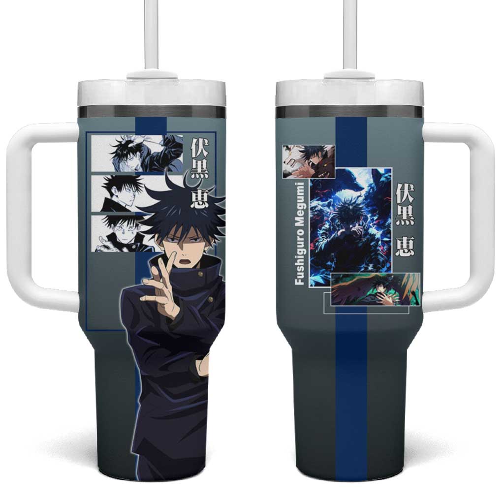 Megumi Fushiguro from Jujutsu Kaisen Tumbler With Handle with Dark Blue and Black Background and Multiple Poses Design - The Mazicc