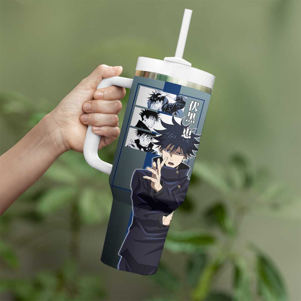 Megumi Fushiguro from Jujutsu Kaisen Tumbler With Handle with Dark Blue and Black Background and Multiple Poses Design - The Mazicc