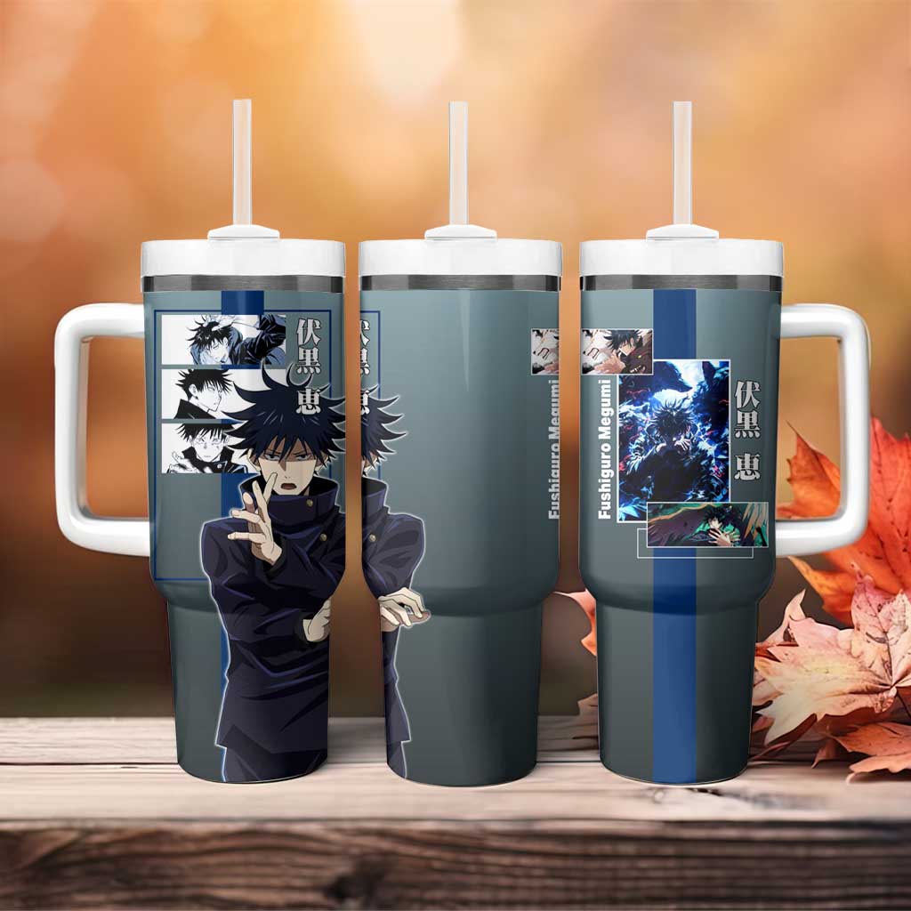 Megumi Fushiguro from Jujutsu Kaisen Tumbler With Handle with Dark Blue and Black Background and Multiple Poses Design - The Mazicc