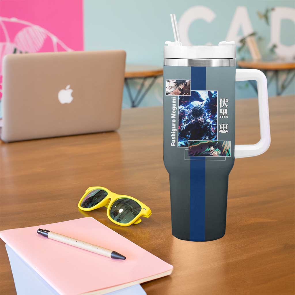 Megumi Fushiguro from Jujutsu Kaisen Tumbler With Handle with Dark Blue and Black Background and Multiple Poses Design - The Mazicc