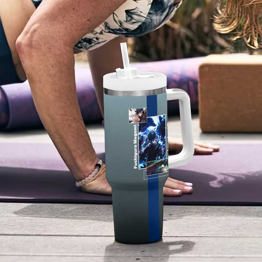 Megumi Fushiguro from Jujutsu Kaisen Tumbler With Handle with Dark Blue and Black Background and Multiple Poses Design - The Mazicc