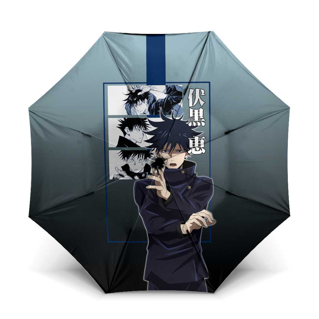 Megumi Fushiguro from Jujutsu Kaisen Umbrella with Dark Blue and Black Background and Multiple Poses Design - The Mazicc