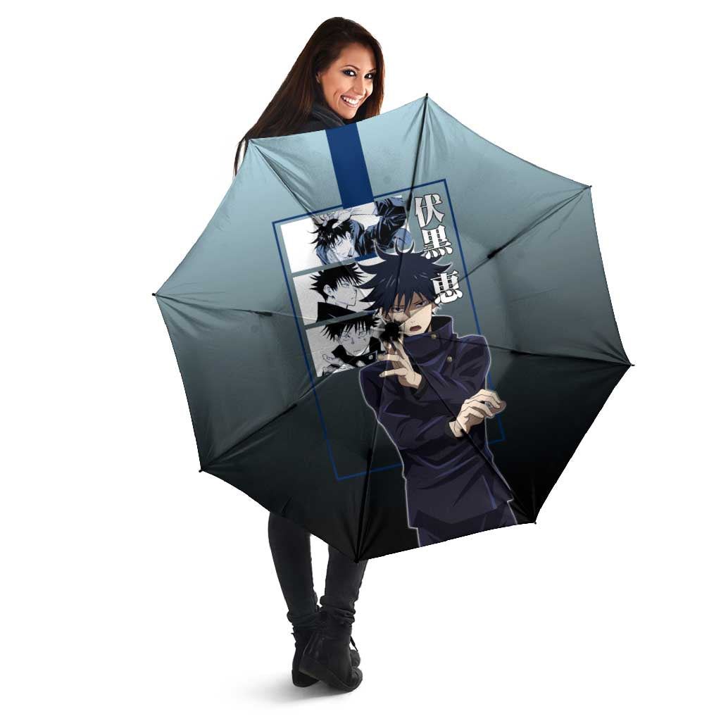 Megumi Fushiguro from Jujutsu Kaisen Umbrella with Dark Blue and Black Background and Multiple Poses Design - The Mazicc