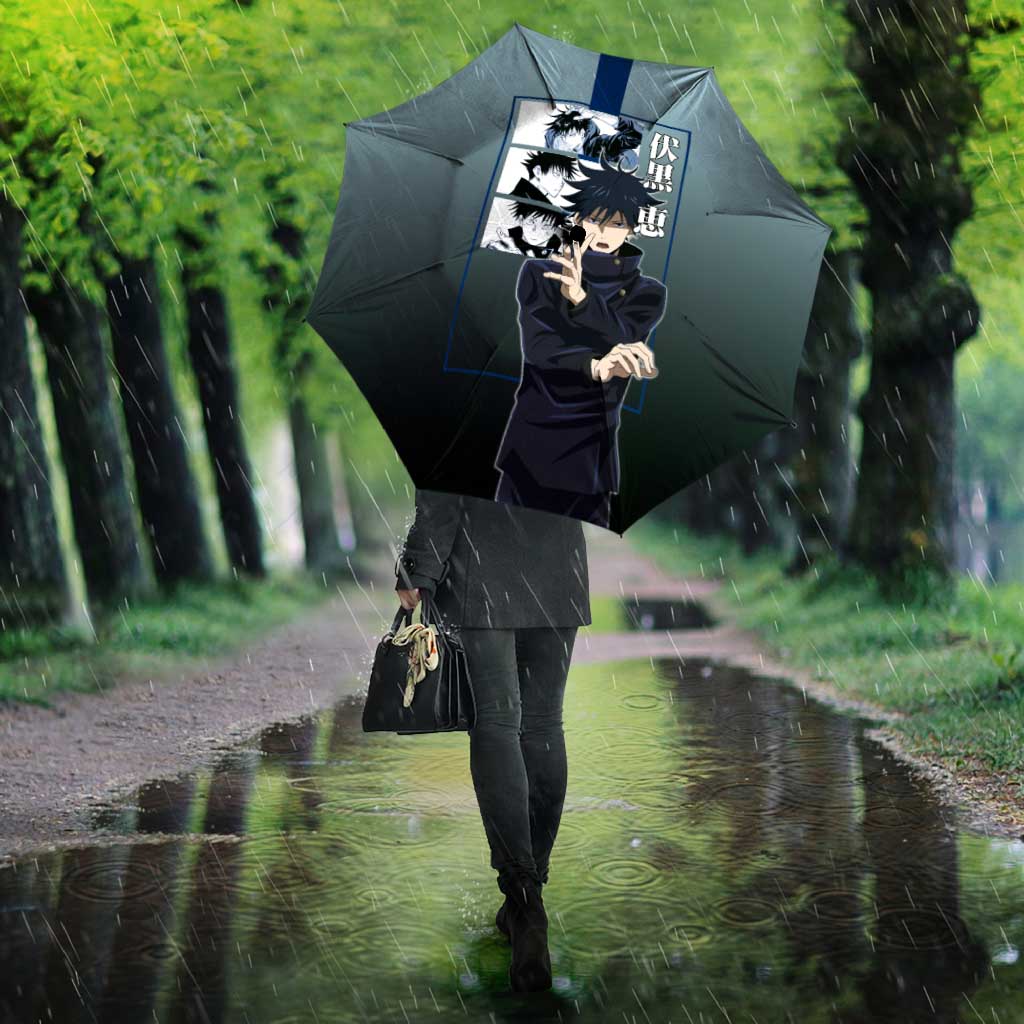 Megumi Fushiguro from Jujutsu Kaisen Umbrella with Dark Blue and Black Background and Multiple Poses Design - The Mazicc