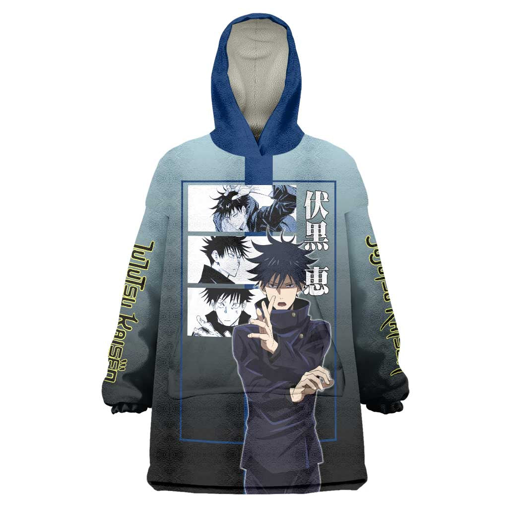 Megumi Fushiguro from Jujutsu Kaisen Wearable Blanket Hoodie with Dark Blue and Black Background and Multiple Poses Design - The Mazicc