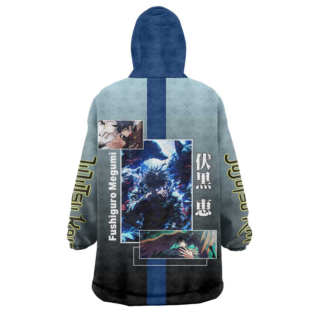 Megumi Fushiguro from Jujutsu Kaisen Wearable Blanket Hoodie with Dark Blue and Black Background and Multiple Poses Design - The Mazicc