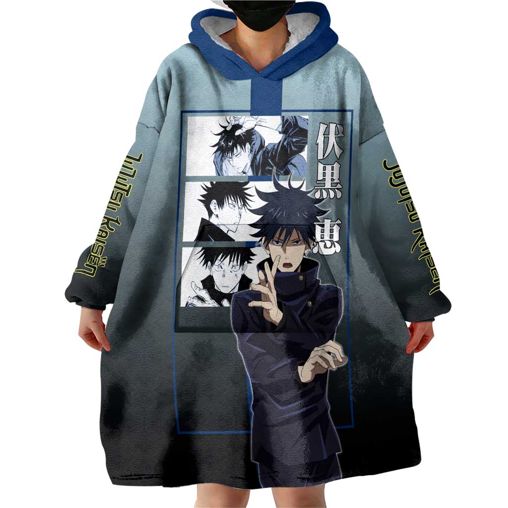 Megumi Fushiguro from Jujutsu Kaisen Wearable Blanket Hoodie with Dark Blue and Black Background and Multiple Poses Design - The Mazicc
