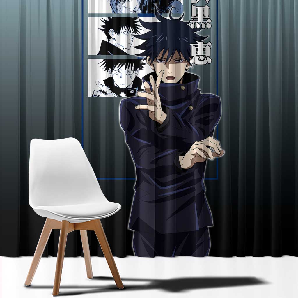 Megumi Fushiguro from Jujutsu Kaisen Window Curtain with Dark Blue and Black Background and Multiple Poses Design - The Mazicc