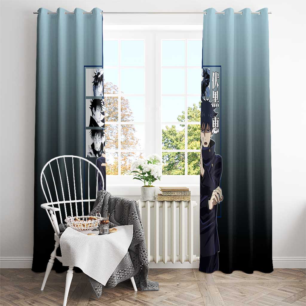 Megumi Fushiguro from Jujutsu Kaisen Window Curtain with Dark Blue and Black Background and Multiple Poses Design - The Mazicc