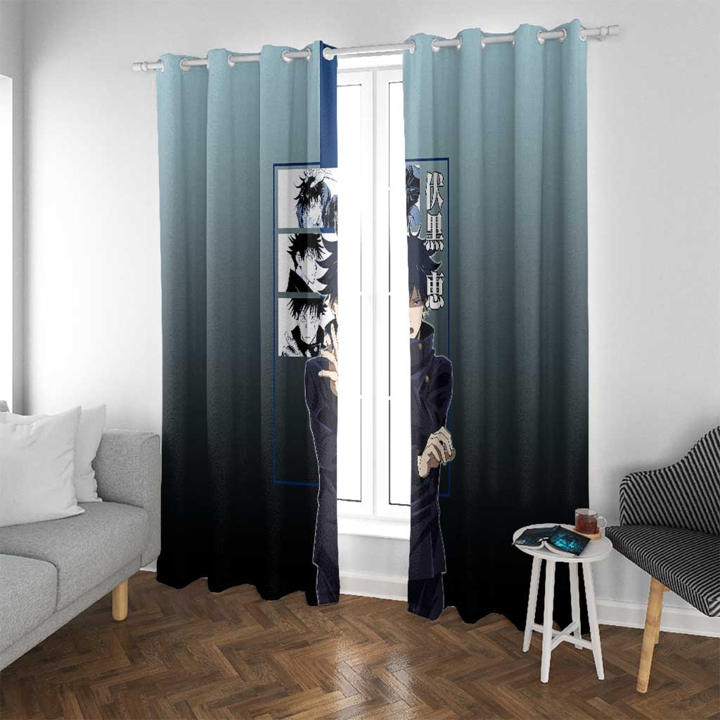 Megumi Fushiguro from Jujutsu Kaisen Window Curtain with Dark Blue and Black Background and Multiple Poses Design - The Mazicc