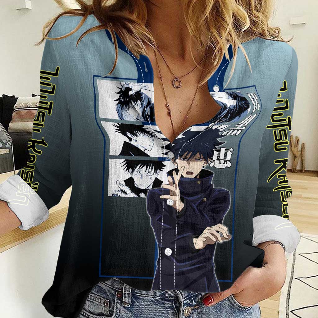 Megumi Fushiguro from Jujutsu Kaisen Women Casual Shirt with Dark Blue and Black Background and Multiple Poses Design - The Mazicc