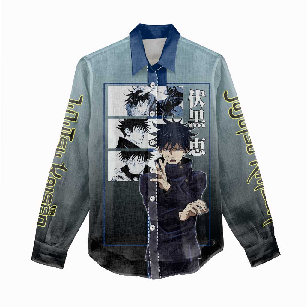 Megumi Fushiguro from Jujutsu Kaisen Women Casual Shirt with Dark Blue and Black Background and Multiple Poses Design - The Mazicc
