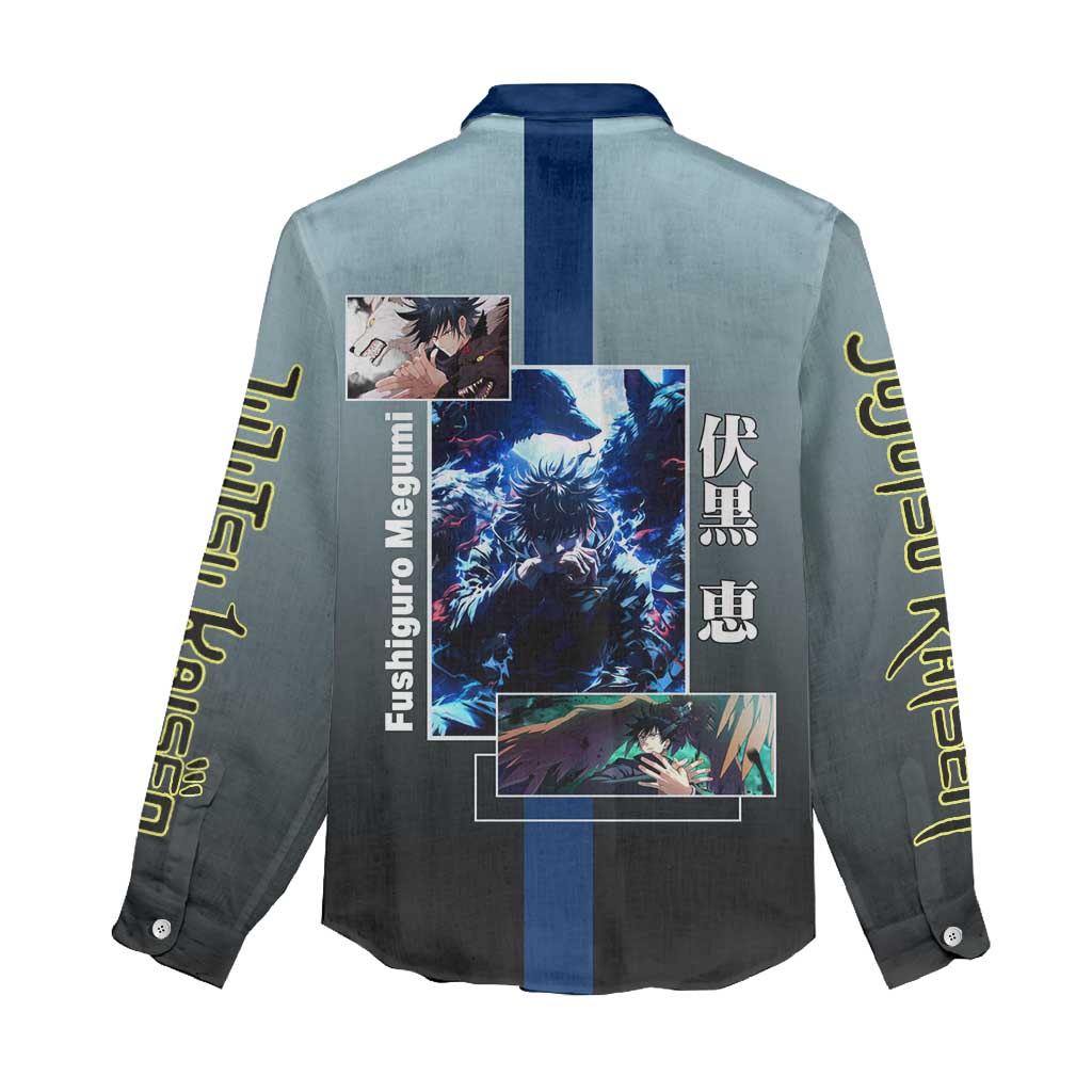 Megumi Fushiguro from Jujutsu Kaisen Women Casual Shirt with Dark Blue and Black Background and Multiple Poses Design - The Mazicc