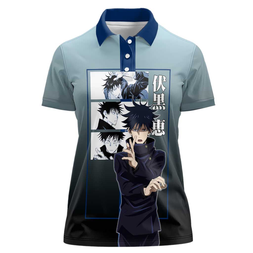 Megumi Fushiguro from Jujutsu Kaisen Women Polo Shirt with Dark Blue and Black Background and Multiple Poses Design - The Mazicc