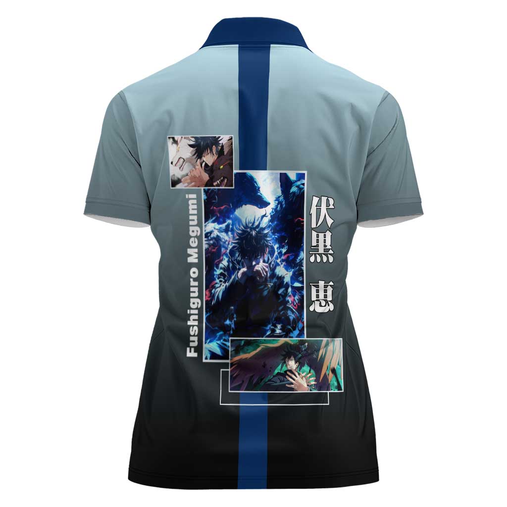 Megumi Fushiguro from Jujutsu Kaisen Women Polo Shirt with Dark Blue and Black Background and Multiple Poses Design - The Mazicc