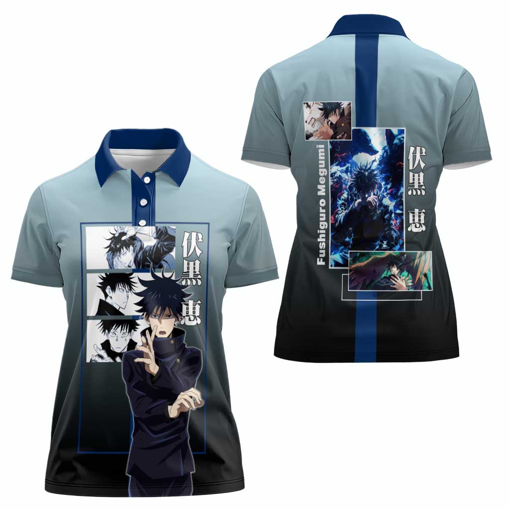 Megumi Fushiguro from Jujutsu Kaisen Women Polo Shirt with Dark Blue and Black Background and Multiple Poses Design - The Mazicc