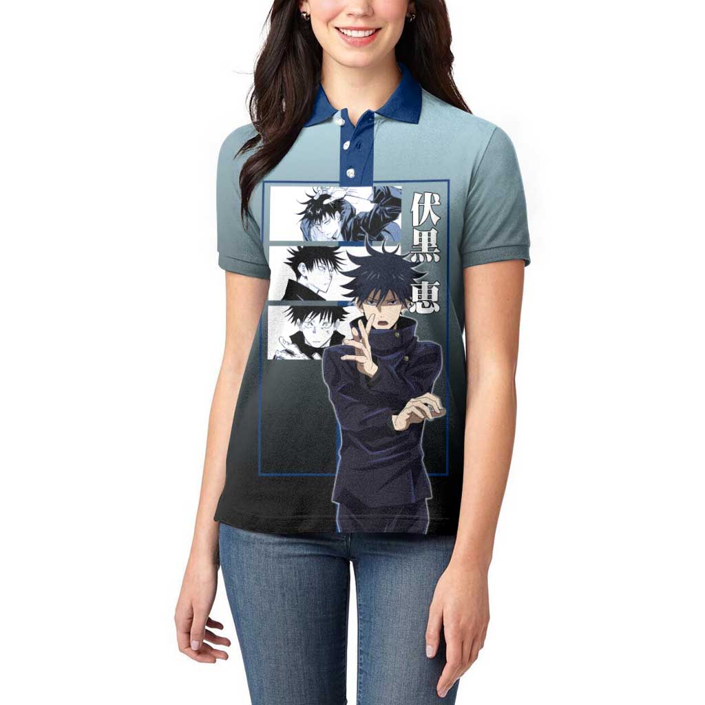 Megumi Fushiguro from Jujutsu Kaisen Women Polo Shirt with Dark Blue and Black Background and Multiple Poses Design - The Mazicc