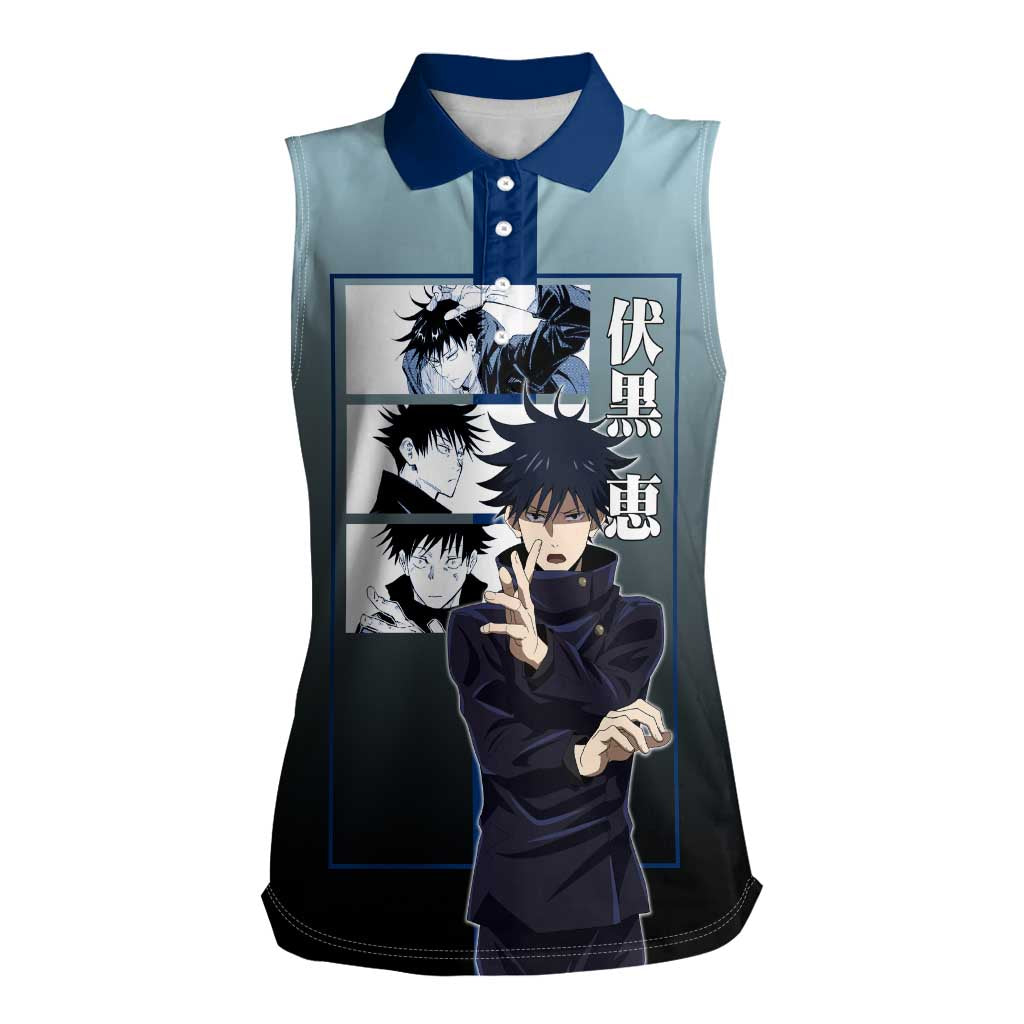 Megumi Fushiguro from Jujutsu Kaisen Women Sleeveless Polo Shirt with Dark Blue and Black Background and Multiple Poses Design - The Mazicc