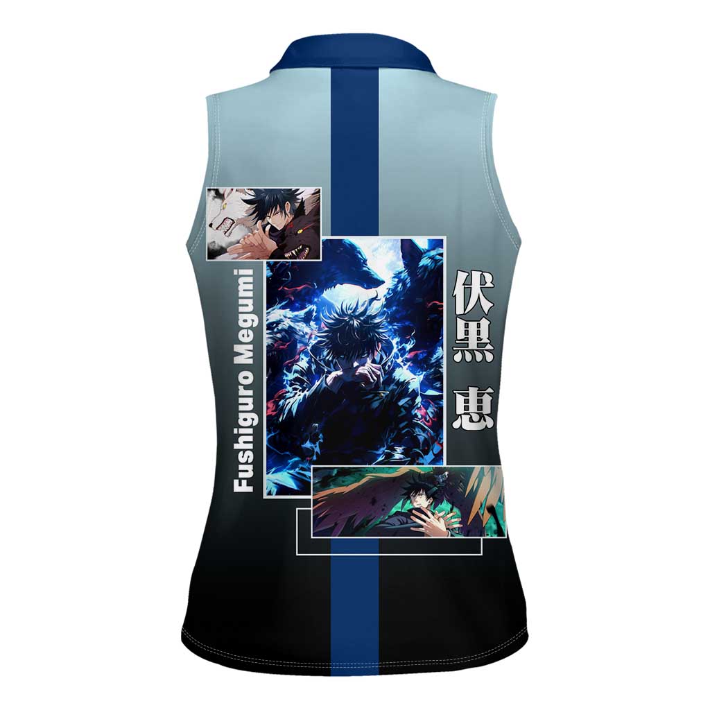 Megumi Fushiguro from Jujutsu Kaisen Women Sleeveless Polo Shirt with Dark Blue and Black Background and Multiple Poses Design - The Mazicc