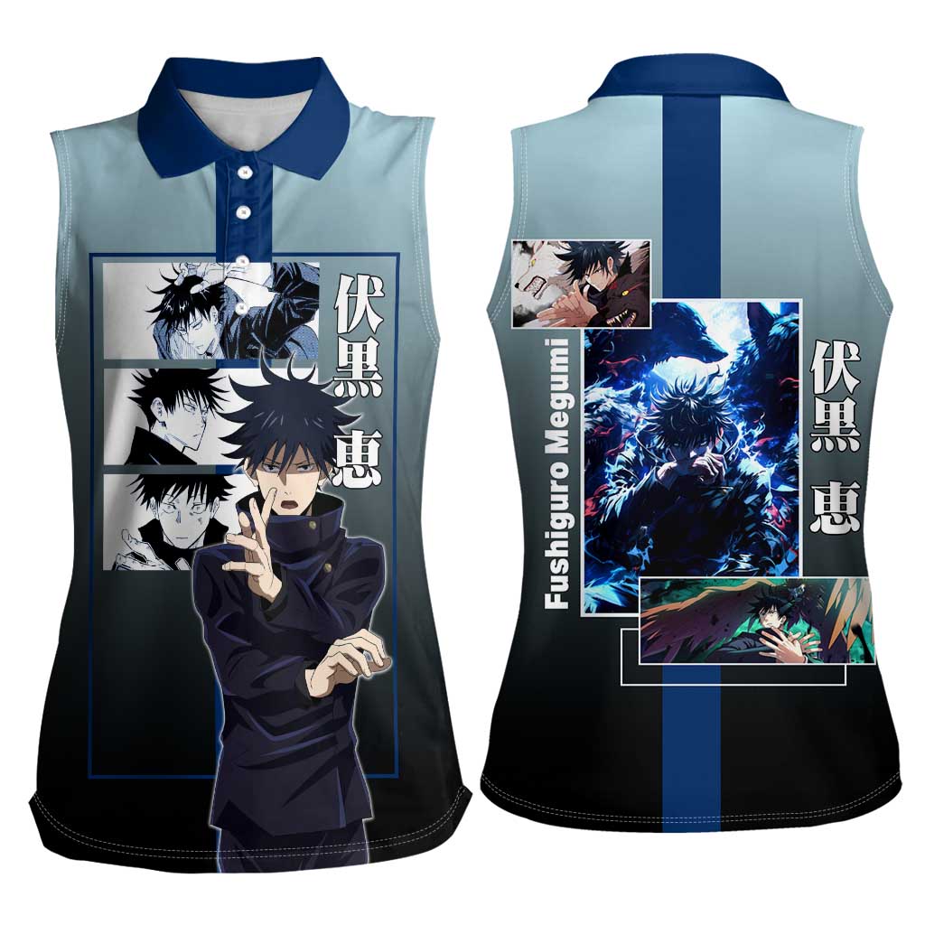 Megumi Fushiguro from Jujutsu Kaisen Women Sleeveless Polo Shirt with Dark Blue and Black Background and Multiple Poses Design - The Mazicc