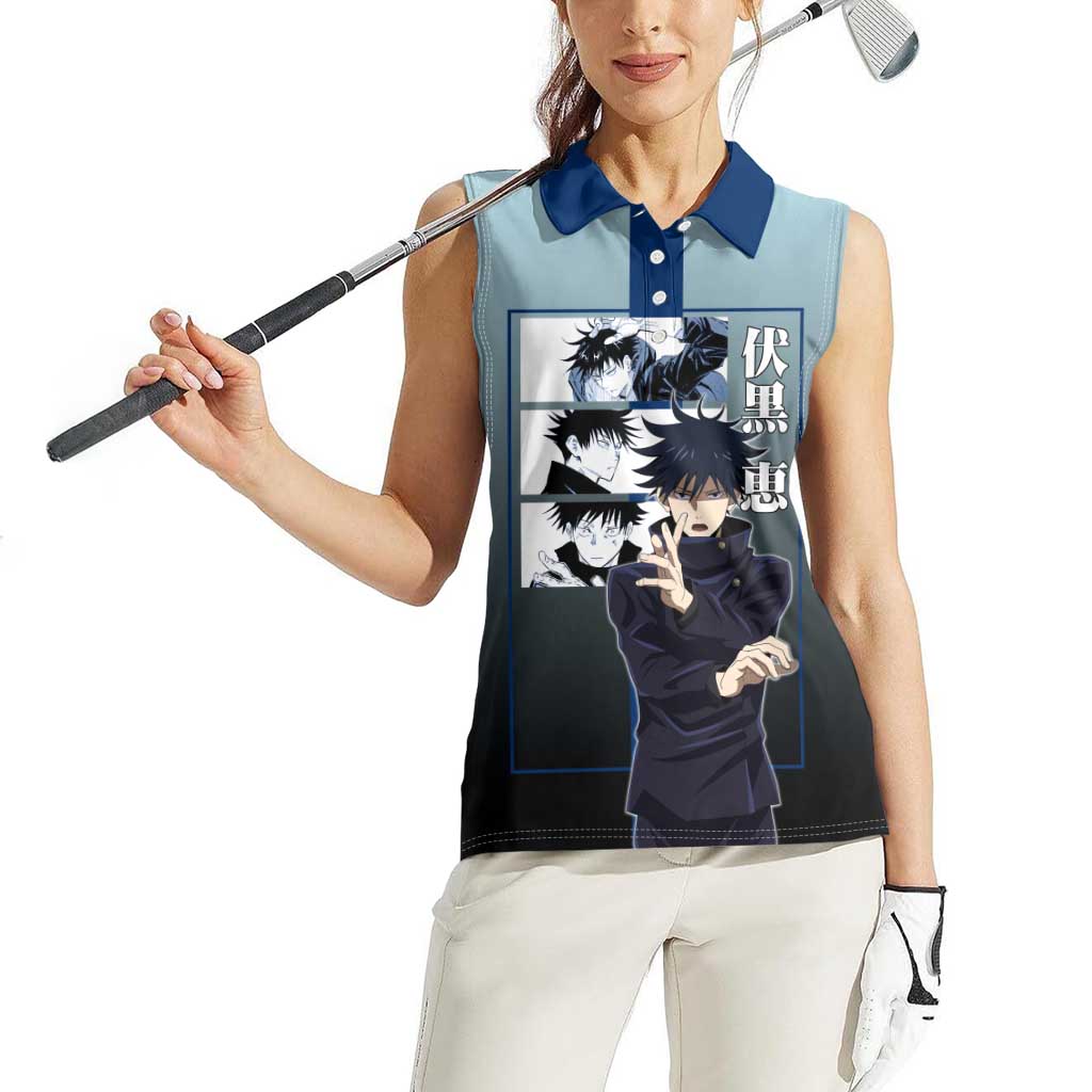 Megumi Fushiguro from Jujutsu Kaisen Women Sleeveless Polo Shirt with Dark Blue and Black Background and Multiple Poses Design - The Mazicc