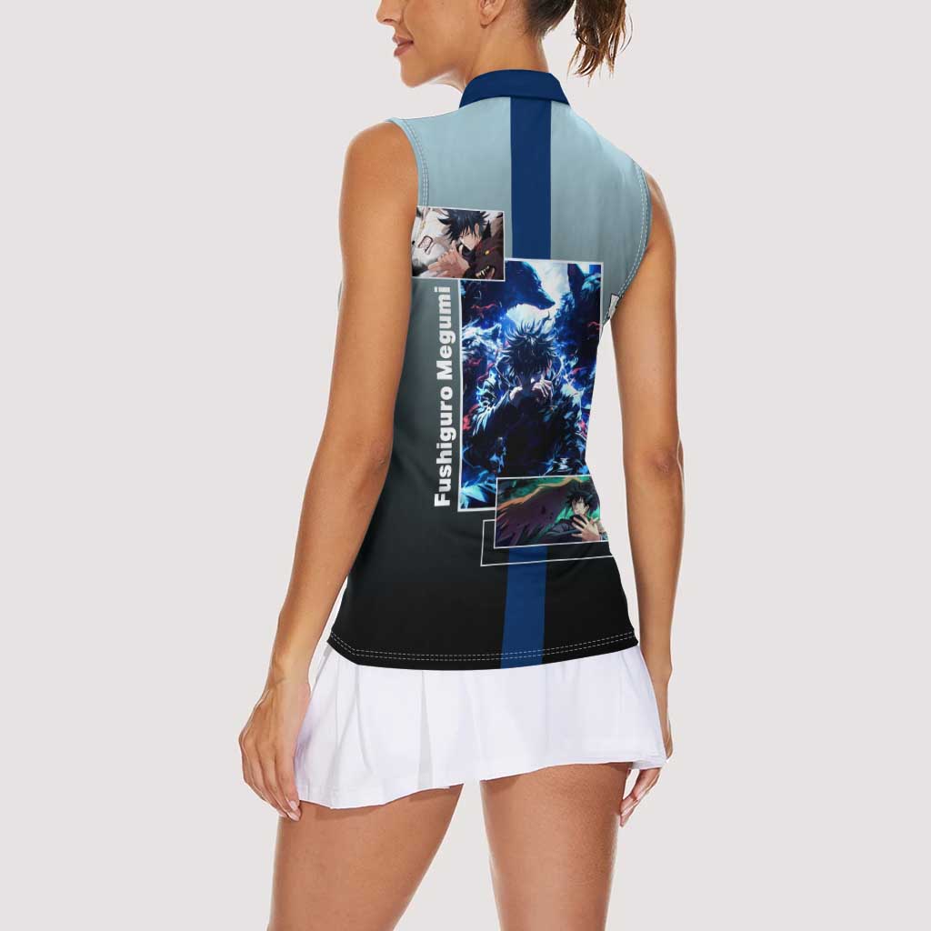 Megumi Fushiguro from Jujutsu Kaisen Women Sleeveless Polo Shirt with Dark Blue and Black Background and Multiple Poses Design - The Mazicc